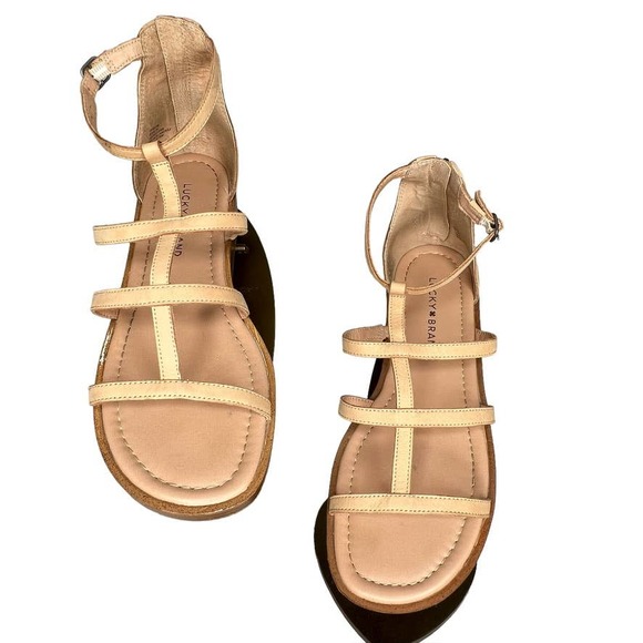 Lucky Brand Women’s “Ellian” Tan Leather Wedge  Sandals with Zippered Heel 8.5 - Picture 3 of 9